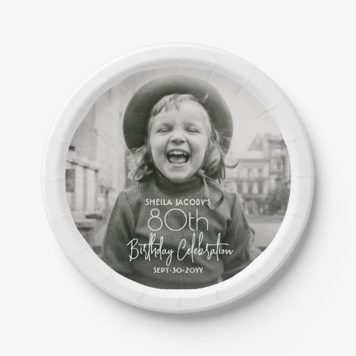 ANY Birthday Chic White Typography Photo Party Paper Plates