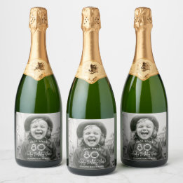 ANY Birthday Chic White Typography & Photo Party Sparkling Wine Label