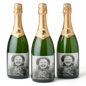 ANY Birthday Chic White Typography & Photo Party Sparkling Wine Label