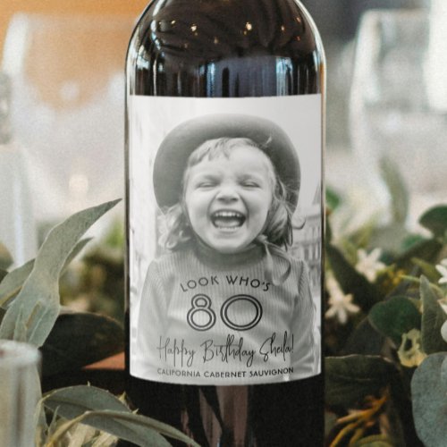 ANY Birthday Chic White Typography Photo Party Wine Label