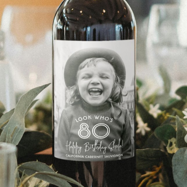 ANY Birthday Chic White Typography Photo Party Wine Label (Creator Uploaded)