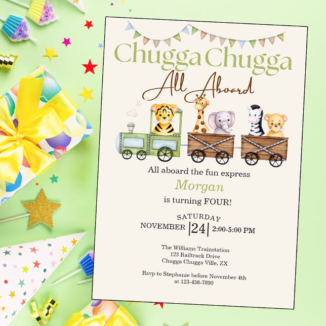 Any Birthday Cute Chugga Watercolor Animal Train   Invitation (Creator Uploaded)