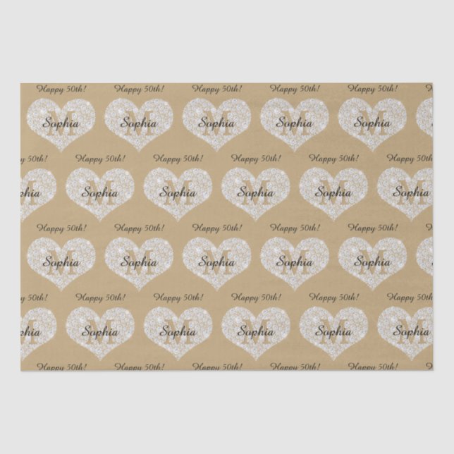 Any Birthday, Diamond Heart, Gold Monogram, Name Tissue Paper (Front)