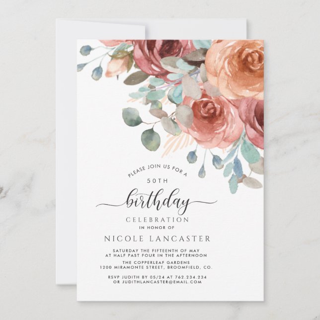 Any Birthday, Elegant Blush Peach and Mint Floral Invitation (Front)