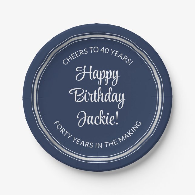 ANY Birthday Elegant Navy Blue White & Faux Silver Paper Plates (Front)