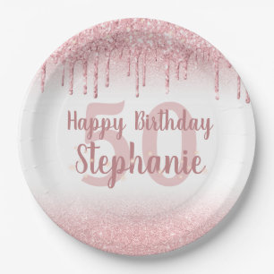 Any Birthday Girly Rose Gold Glitter Drip Napkins Paper Plates