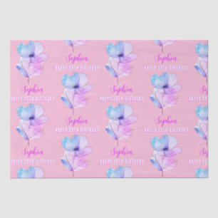 Any Birthday, Name, Pink & Blue Watercolor Flower Tissue Paper