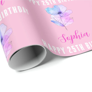 Any Birthday, Name, Pink & Blue Watercolor Flower  Wrapping Paper