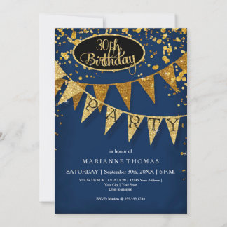 Any Birthday Navy Blue Pennant Banner Confetti Invitation