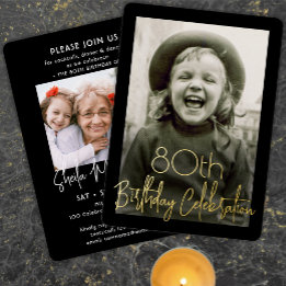 ANY Birthday Party 2 Photo Chic Black and Real Foil Invitation