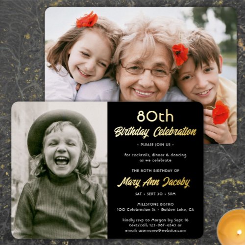 ANY Birthday Party 2 Photo Elegant Black and Gold Foil Invitation