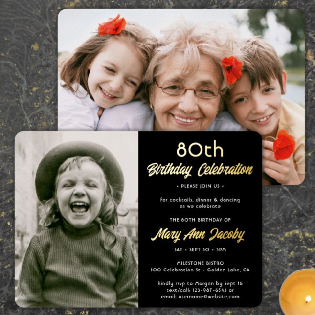 ANY Birthday Party 2 Photo Elegant Black and Real Foil Invitation (Creator Uploaded)