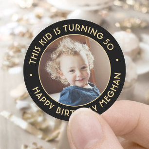 ANY Birthday Party Chic Simple Photo Black & Gold Classic Round Sticker