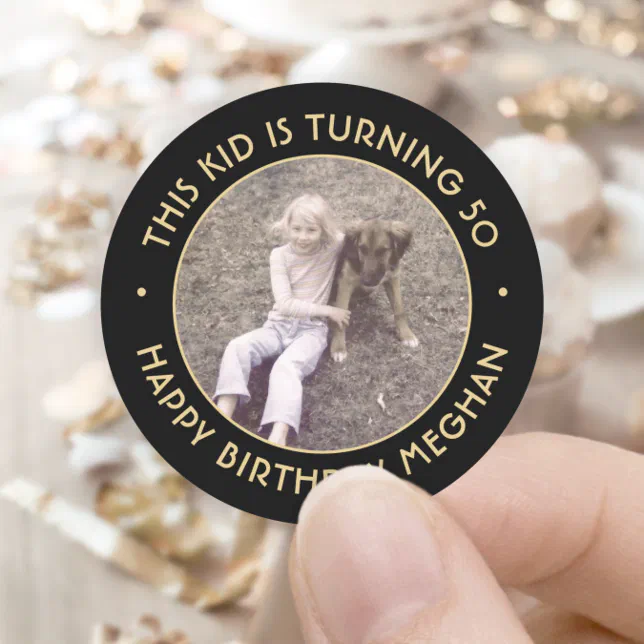 ANY Birthday Party Chic Simple Photo Black & Gold Classic Round Sticker ...