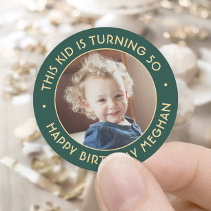ANY Birthday Party Chic Simple Photo Green & Gold Classic Round Sticker