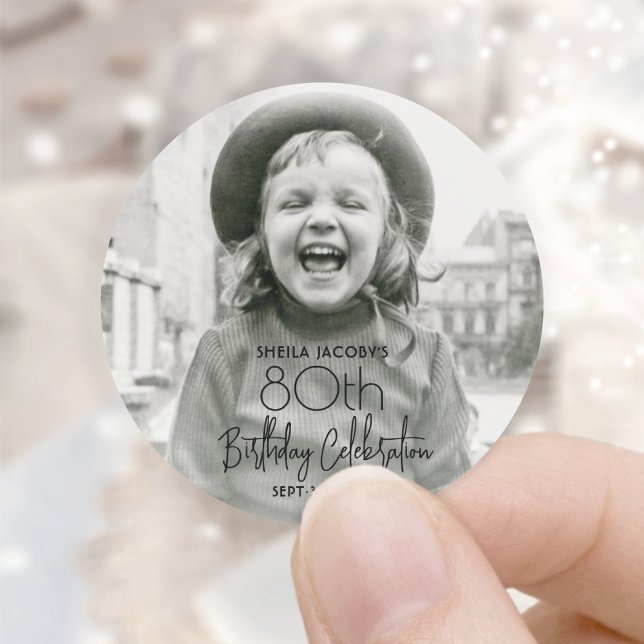 ANY Birthday Party Chic Stylish Typography Photo Classic Round Sticker (Creator Uploaded)
