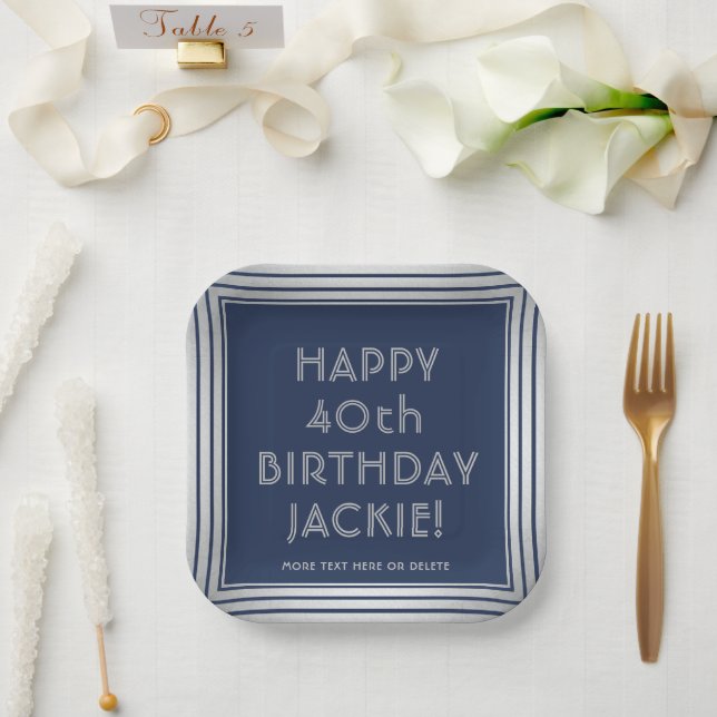 ANY Birthday Party Elegant Navy Blue and Gray Paper Plates (Wedding)