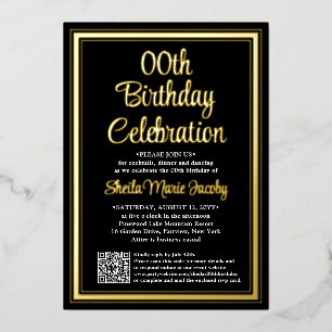 Any Birthday Party QR Code & Photo Black and Real Foil Invitation