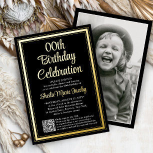 Any Birthday Party QR Code & Photo Black and Real Foil Invitation