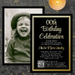 Any Birthday Party QR Code & Photo Black and Real Foil Invitation<br><div class="desc">Invite family and friends to an elegant celebration for him or her with stylish custom photo birthday party invitations with QR Code RSVP. Picture and all wording on this template are simple to customize. (IMAGE PLACEMENT TIP: An easy way to center a photo exactly how you want is to crop...</div>