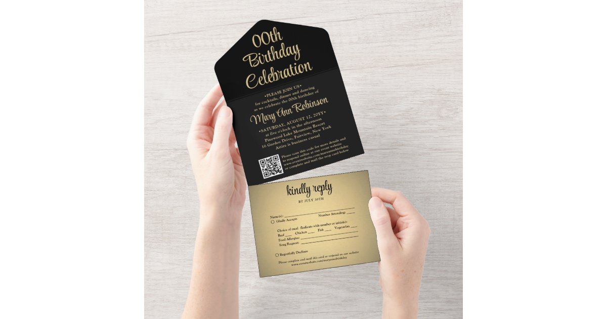 ANY Birthday Party QR Code RSVP Black and Gold All In One Invitation