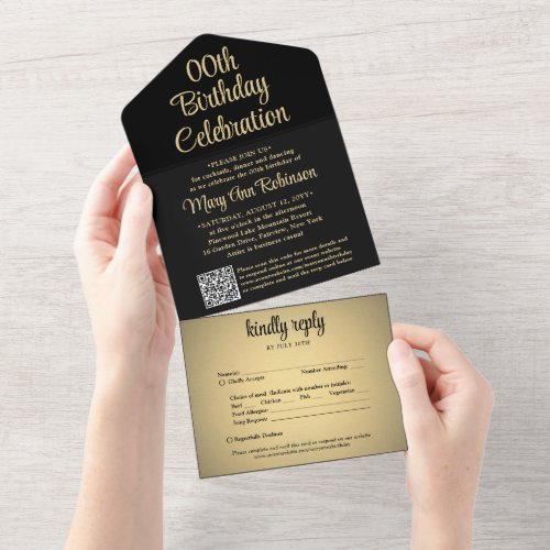 ANY Birthday Party QR Code RSVP Black and Gold All In One Invitation