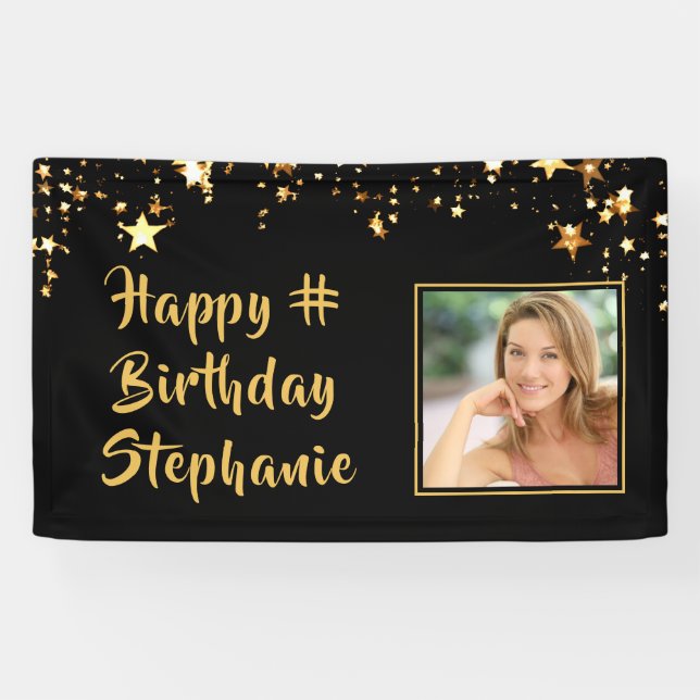Any Birthday Photo Black Gold Stars Personalized Banner (Horizontal)