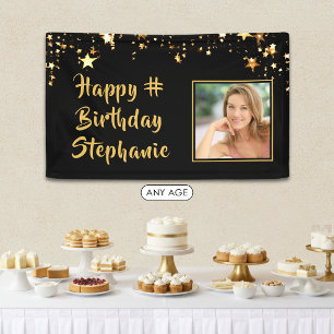 Any Birthday Photo Black Gold Stars Personalized Banner