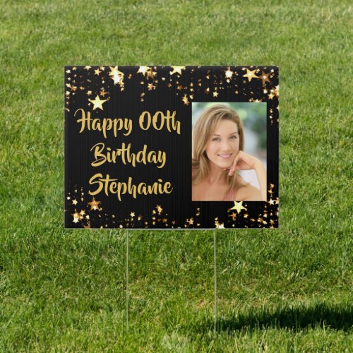 Any Birthday Photo Black Gold Stars Sign