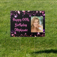 Any Birthday Photo Black Pink Stars Personalized