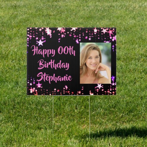 Any Birthday Photo Black Pink Stars Personalized Sign