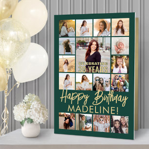 ANY Birthday Photo Collage Green and Gold Giant Card
