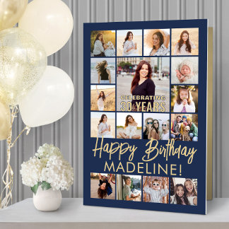 ANY Birthday Photo Collage Navy Blue & Gold Giant Card