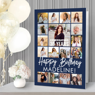 ANY Birthday Photo Collage Navy Blue & White Giant Card