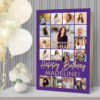 ANY Birthday Photo Collage Purple and Gold Giant Card