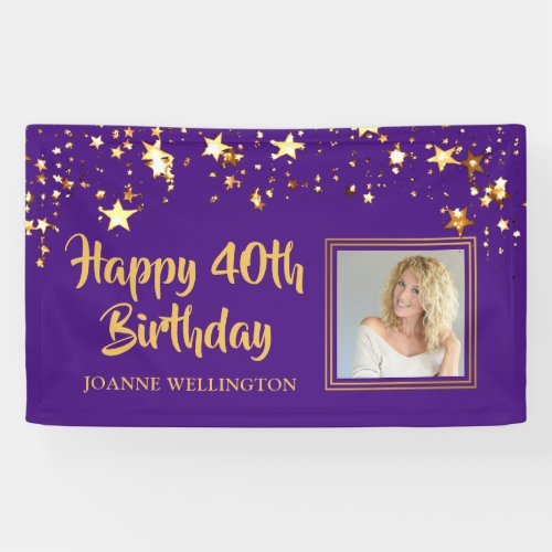 Any Birthday Photo Purple Gold Stars Personalized Banner