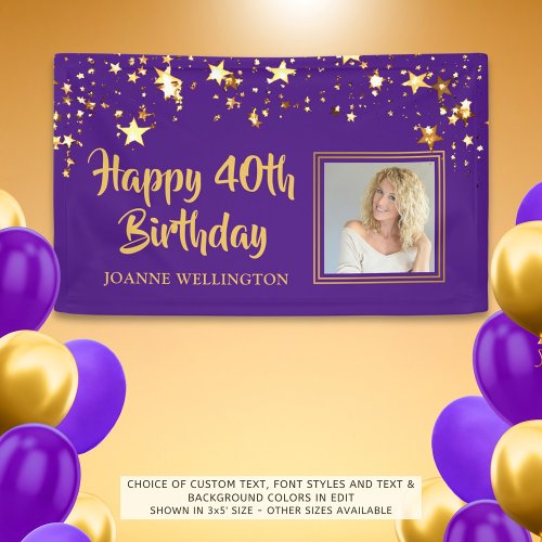 Any Birthday Photo Purple Gold Stars Personalized Banner