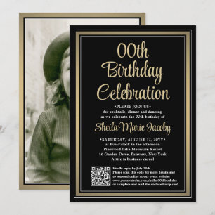 ANY Birthday • Photo & QR Code Black & Gold Party Invitation