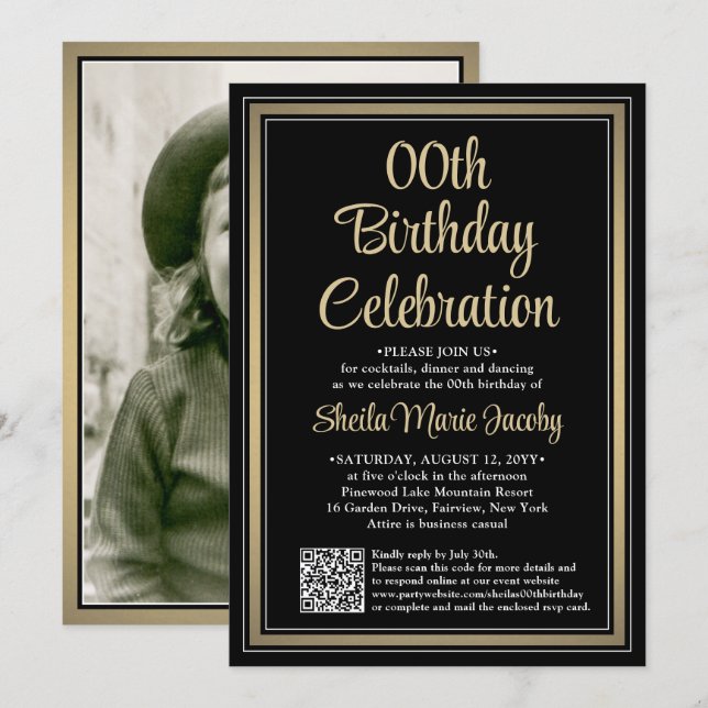 ANY Birthday • Photo & QR Code Black & Gold Party Invitation (Front/Back)
