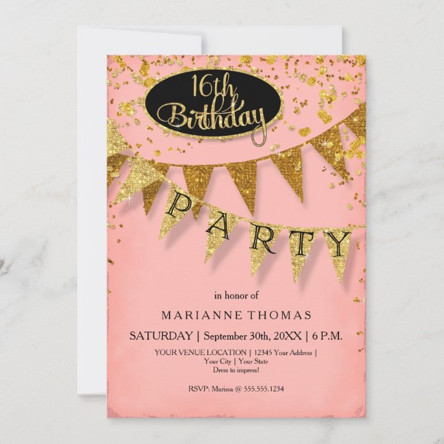Any Birthday Pink and Gold Pennant Banner Confetti Invitation (Front)