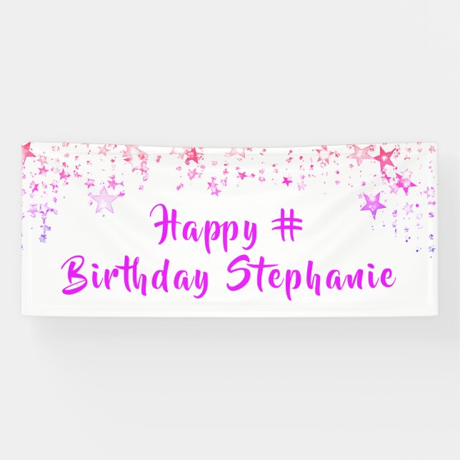 Any Birthday Pink Stars Custom Personalized Banner (Horizontal)