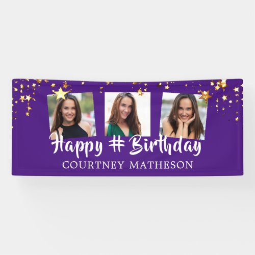 Any Birthday Purple Gold Stars Photo Personalized Banner