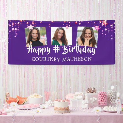 Any Birthday Purple Pink Stars Photo Personalized Banner