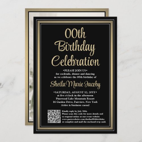 Any Birthday QR Code  Photo Black and Gold Party Invitation