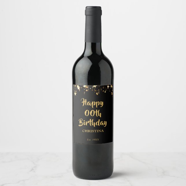 Any Birthday Stylish Black Gold Stars Name Wine Label (Front)