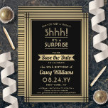 ANY Birthday Surprise Party Elegant Black and Gold Save The Date<br><div class="desc">Can you keep a secret? Invite family and friends to an elegant and exciting surprise birthday celebration with custom black and gold save the date party invitations. All wording on this template is simple to personalize, including message that reads "Shhh! It's a SURPRISE." The design features a modern striped border,...</div>