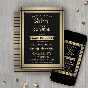 ANY Birthday Surprise Party Elegant Black and Gold Save The Date