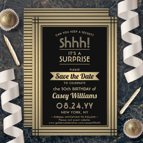 ANY Birthday Surprise Party Elegant Black and Gold Save The Date