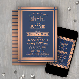 ANY Birthday Surprise Party Shhh! Navy Blue Copper Save The Date