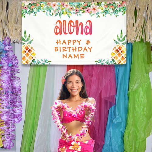 ANY Birthday Tropical Pineapple Floral ALOHA Banner